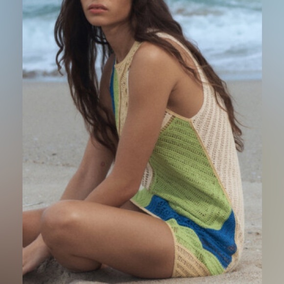 ZARA Knit Crochet Mini Dress Multicolor Retro 70s Beach Vacation S - Picture 3 of 12